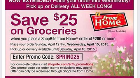 ShopRite 'Save $25 on Groceries' Facebook Update