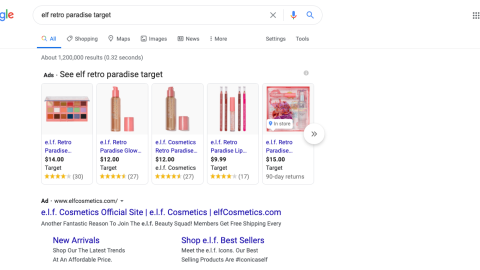 E.l.f. Retro Paradise Target Google Search Ads