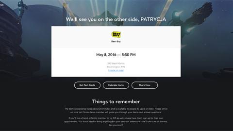 Oculus Rift Best Buy Demo Confirmation Page