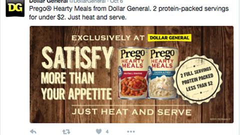 Dollar General Prego Hearty Meals 'Just Heat and Serve' Twitter Update