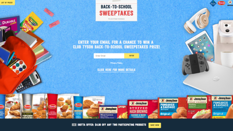 Tyson Sam's Club 'Back-to-School Sweepstakes' Web Page